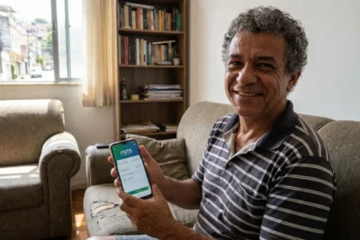 Trabalhador analisando novo regulamento sobre saque FGTS em computador