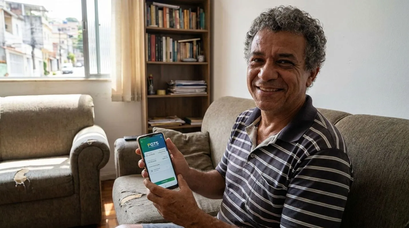 Trabalhador analisando novo regulamento sobre saque FGTS em computador